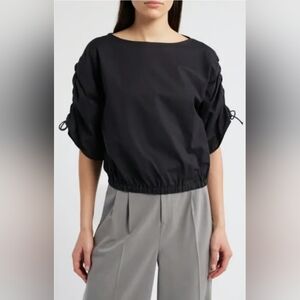 Emporio Armani Women’s Black Cropped Cotton Ruched Sleeve Blouse Size 50it 14us